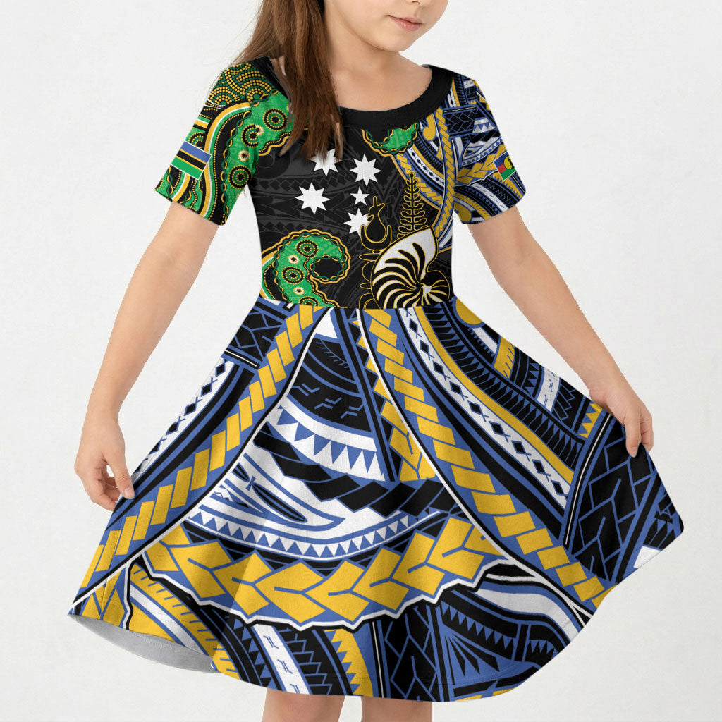 South Sea Islanders And New Caledonia Kid Short Sleeve Dress Nautilus Shell Southern Cross Tribal Pattern DT05 KID Black - Polynesian Pride