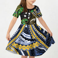South Sea Islanders And New Caledonia Kid Short Sleeve Dress Nautilus Shell Southern Cross Tribal Pattern DT05 KID Black - Polynesian Pride