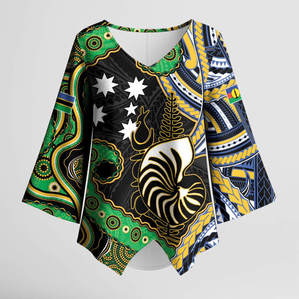 South Sea Islanders And New Caledonia Kimono Sleeve Blouse Nautilus Shell Southern Cross Tribal Pattern DT05 Female Black - Polynesian Pride