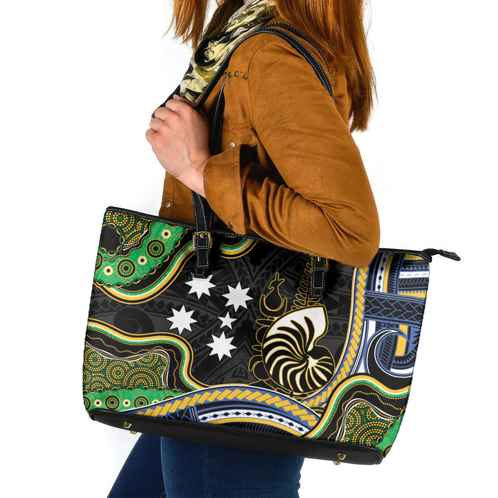 South Sea Islanders And New Caledonia Leather Tote Bag Nautilus Shell Southern Cross Tribal Pattern DT05 Black - Polynesian Pride