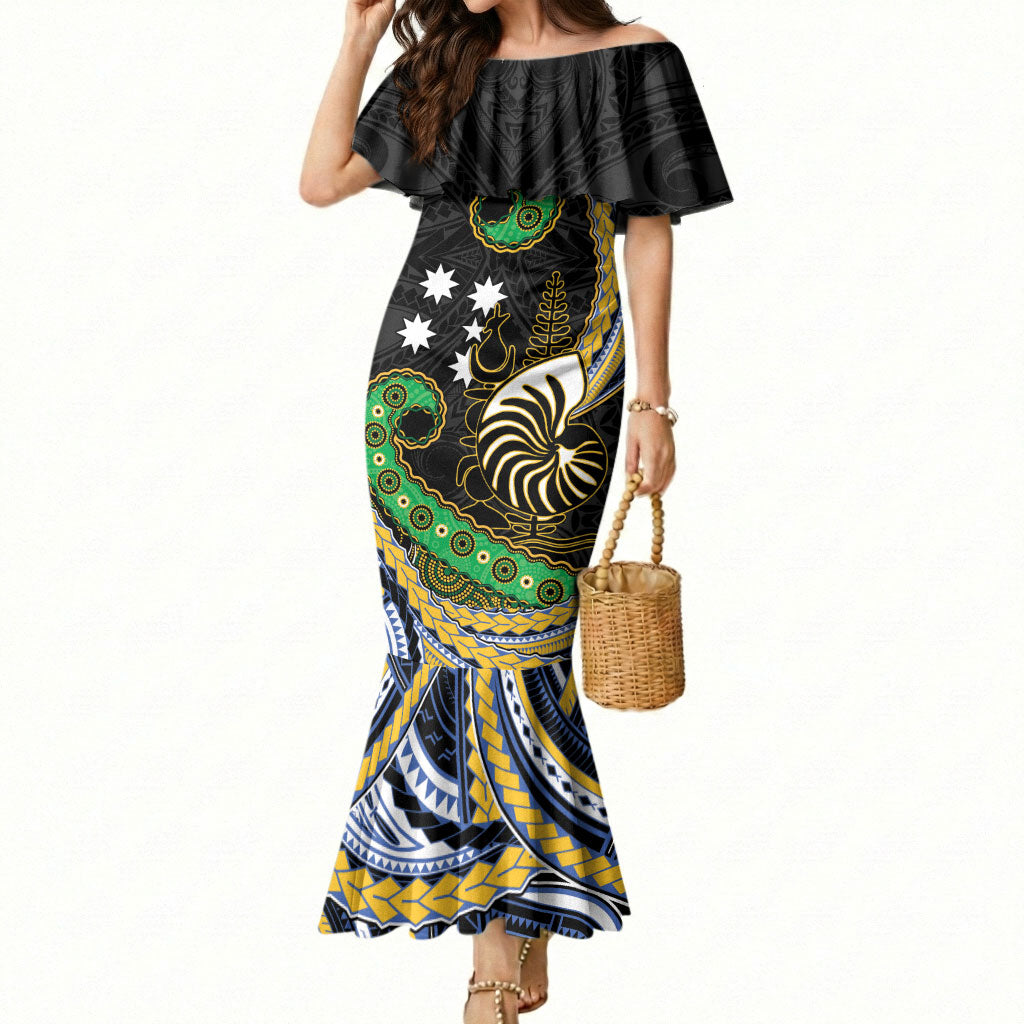 South Sea Islanders And New Caledonia Mermaid Dress Nautilus Shell Southern Cross Tribal Pattern DT05 Women Black - Polynesian Pride