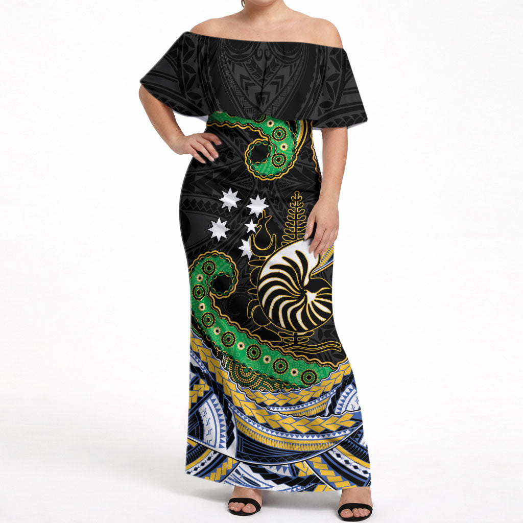 South Sea Islanders And New Caledonia Off Shoulder Maxi Dress Nautilus Shell Southern Cross Tribal Pattern DT05 Women Black - Polynesian Pride