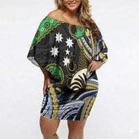 South Sea Islanders And New Caledonia Off Shoulder Short Dress Nautilus Shell Southern Cross Tribal Pattern DT05 Women Black - Polynesian Pride