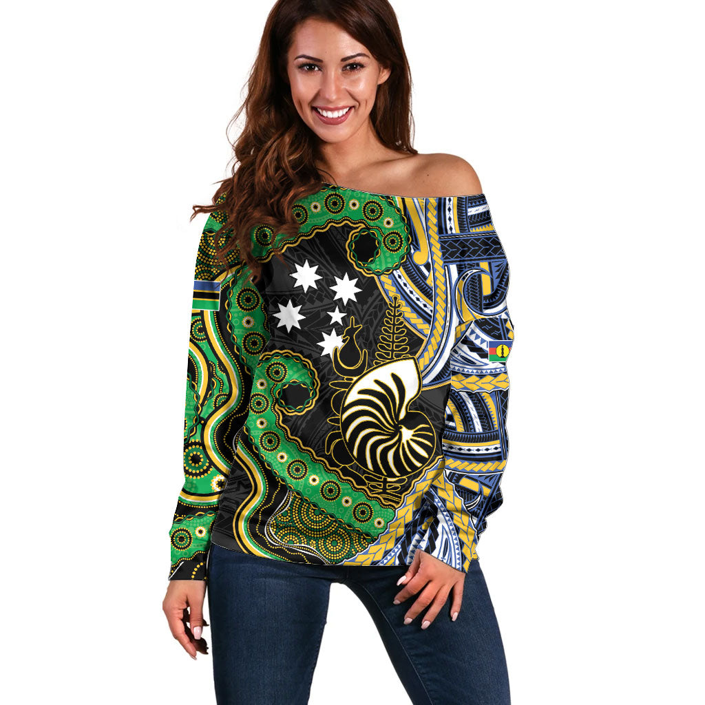 South Sea Islanders And New Caledonia Off Shoulder Sweater Nautilus Shell Southern Cross Tribal Pattern DT05 Women Black - Polynesian Pride