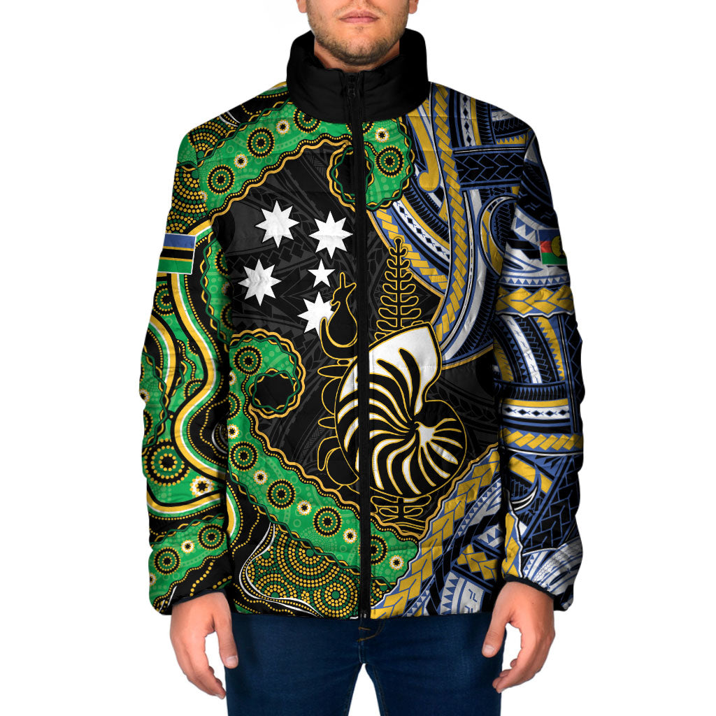 South Sea Islanders And New Caledonia Padded Jacket Nautilus Shell Southern Cross Tribal Pattern DT05 Men Black - Polynesian Pride