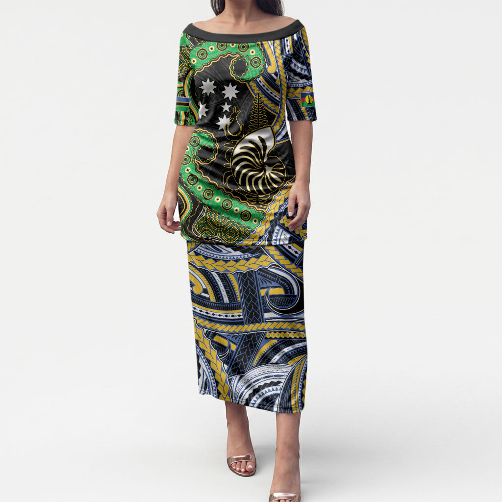 South Sea Islanders And New Caledonia Puletasi Nautilus Shell Southern Cross Tribal Pattern DT05 Long Dress Black - Polynesian Pride