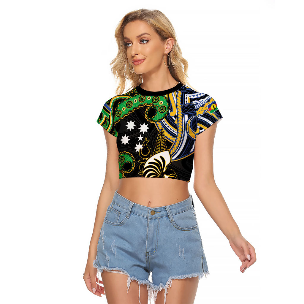 South Sea Islanders And New Caledonia Raglan Cropped T Shirt Nautilus Shell Southern Cross Tribal Pattern DT05 Female Black - Polynesian Pride