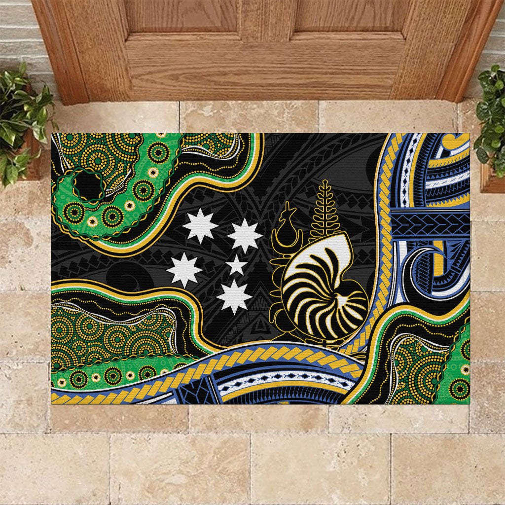 South Sea Islanders And New Caledonia Rubber Doormat Nautilus Shell Southern Cross Tribal Pattern DT05 Black - Polynesian Pride