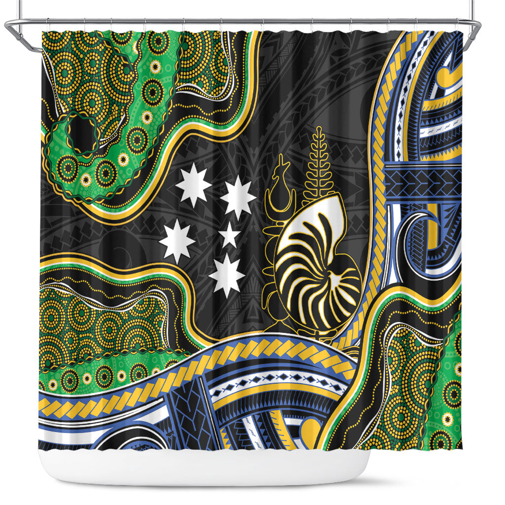 South Sea Islanders And New Caledonia Shower Curtain Nautilus Shell Southern Cross Tribal Pattern DT05 Black - Polynesian Pride