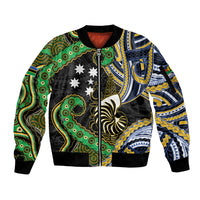 South Sea Islanders And New Caledonia Sleeve Zip Bomber Jacket Nautilus Shell Southern Cross Tribal Pattern DT05 Unisex Black - Polynesian Pride
