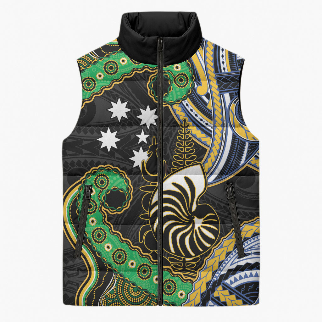South Sea Islanders And New Caledonia Sleeveless Puffer Jacket Nautilus Shell Southern Cross Tribal Pattern DT05 Unisex Black - Polynesian Pride