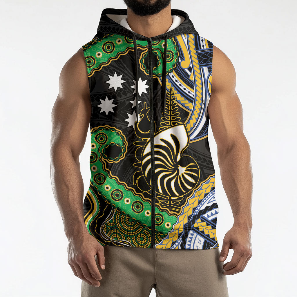 South Sea Islanders And New Caledonia Sleeveless Zip Hoodie Nautilus Shell Southern Cross Tribal Pattern DT05 - Polynesian Pride