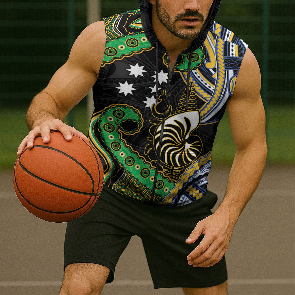 South Sea Islanders And New Caledonia Sleeveless Zip Hoodie Nautilus Shell Southern Cross Tribal Pattern DT05 - Polynesian Pride