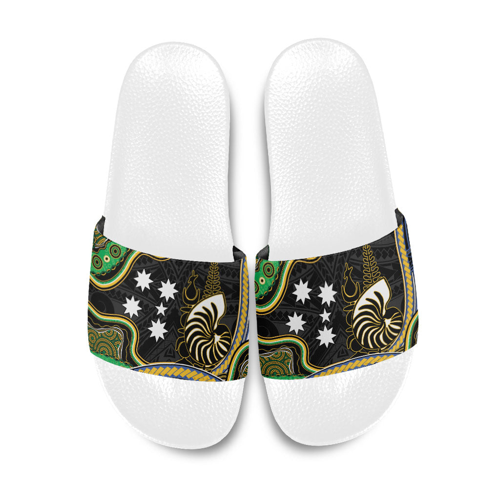 South Sea Islanders And New Caledonia Slide Sandals Nautilus Shell Southern Cross Tribal Pattern DT05 Black - Polynesian Pride