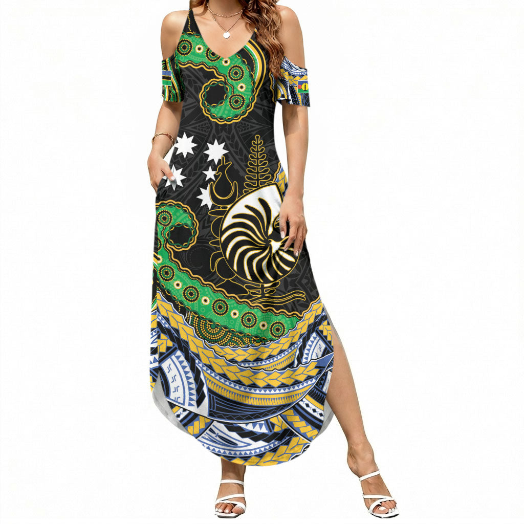 South Sea Islanders And New Caledonia Summer Maxi Dress Nautilus Shell Southern Cross Tribal Pattern DT05 Women Black - Polynesian Pride