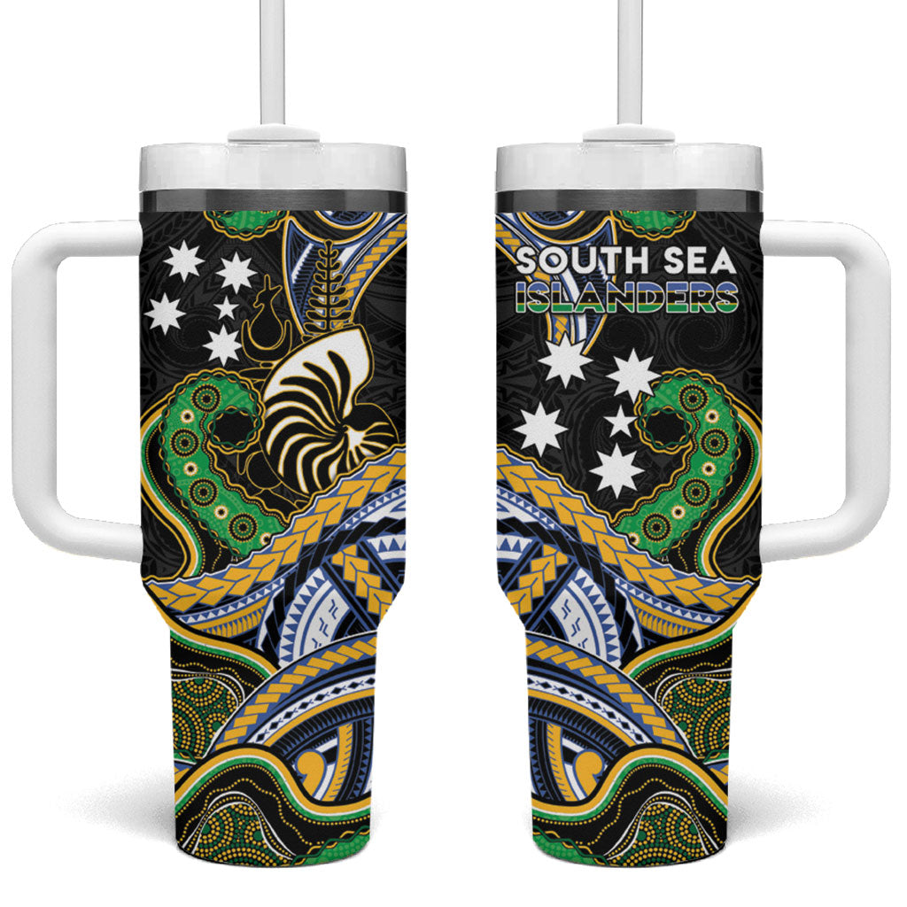 South Sea Islanders And New Caledonia Tumbler With Handle Nautilus Shell Southern Cross Tribal Pattern DT05 One Size: 40 oz Black - Polynesian Pride