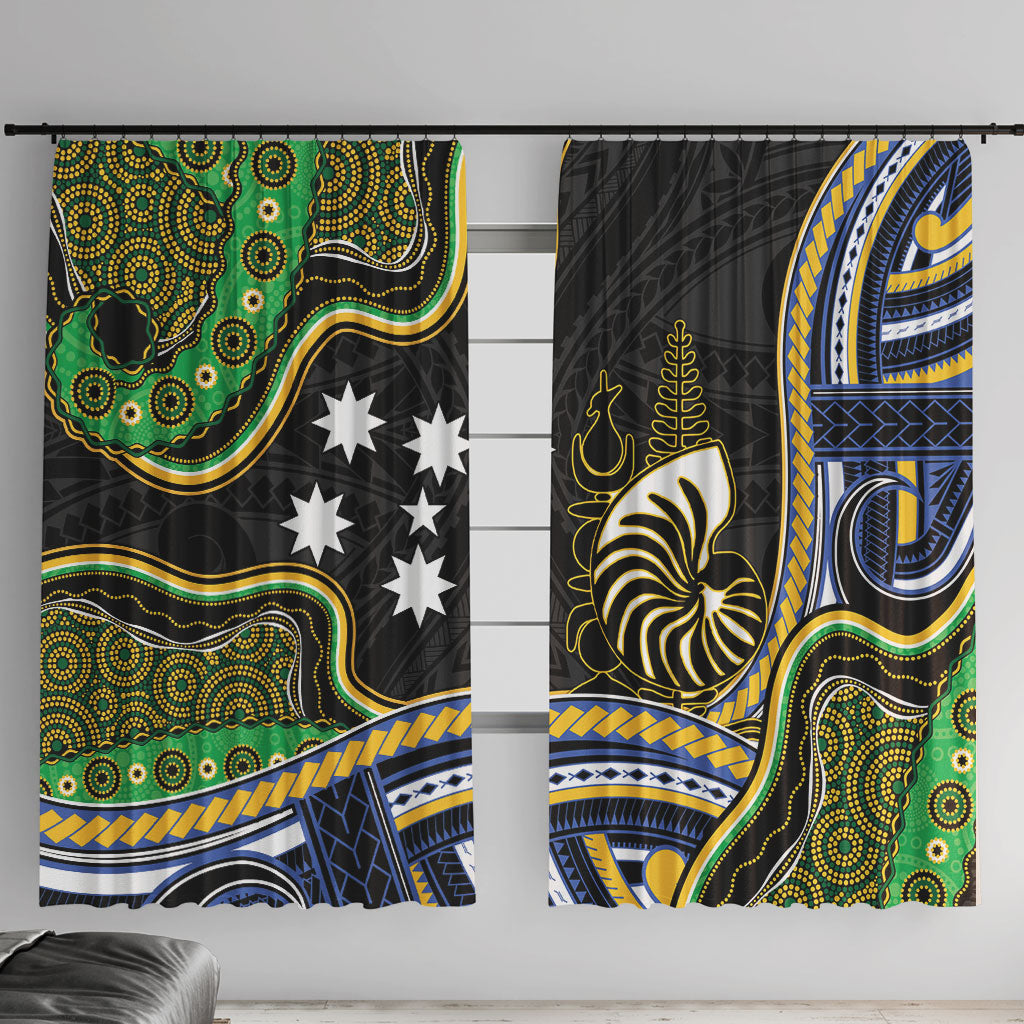 South Sea Islanders And New Caledonia Window Curtain Nautilus Shell Southern Cross Tribal Pattern DT05 With Hooks Black - Polynesian Pride