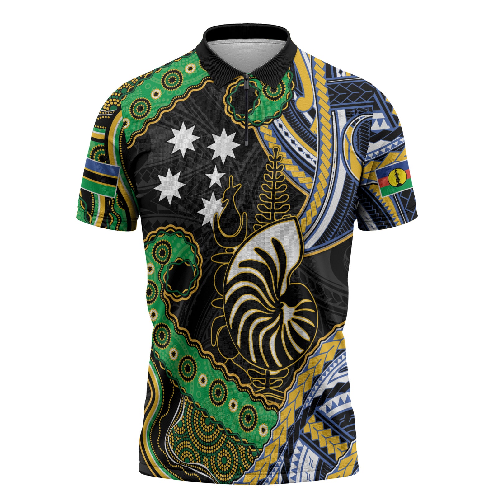 South Sea Islanders And New Caledonia Zipper Polo Shirt Nautilus Shell Southern Cross Tribal Pattern DT05 Black - Polynesian Pride