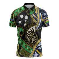 South Sea Islanders And New Caledonia Zipper Polo Shirt Nautilus Shell Southern Cross Tribal Pattern DT05 Black - Polynesian Pride