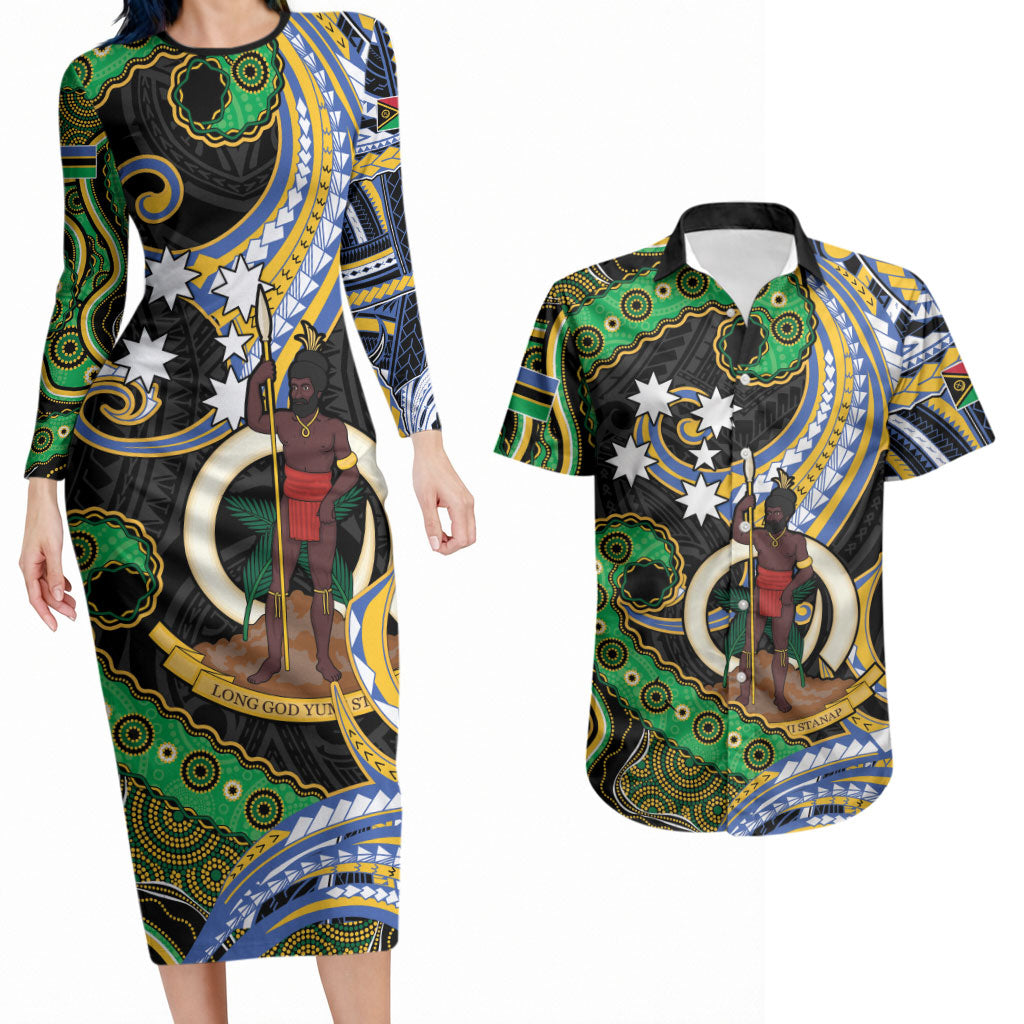 South Sea Islanders And Vanuatu Couples Matching Long Sleeve Bodycon Dress and Hawaiian Shirt Boar Tusk Warrior Southern Tribal Pattern DT05 Black - Polynesian Pride