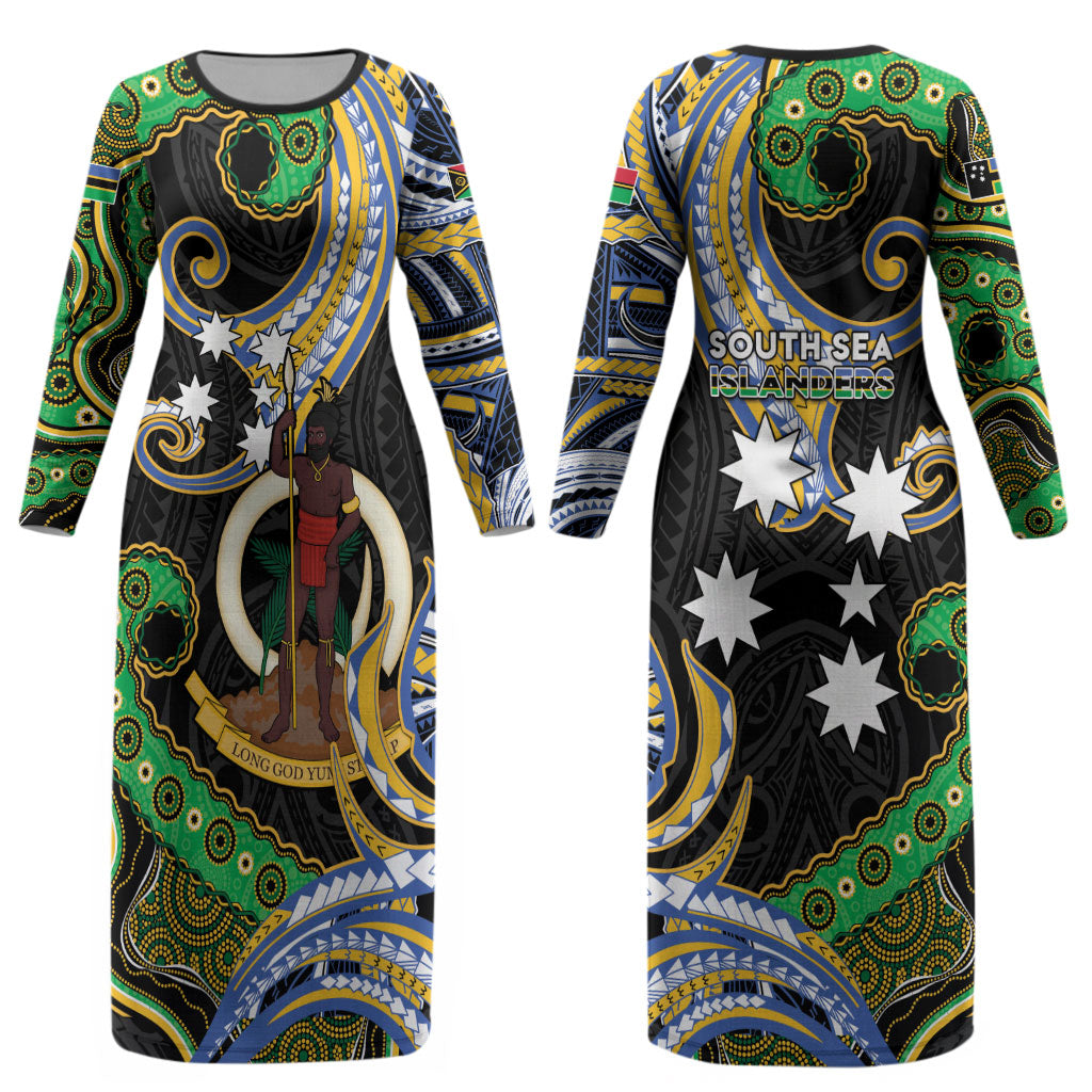 South Sea Islanders And Vanuatu Couples Matching Long Sleeve Bodycon Dress and Hawaiian Shirt Boar Tusk Warrior Southern Tribal Pattern DT05 - Polynesian Pride