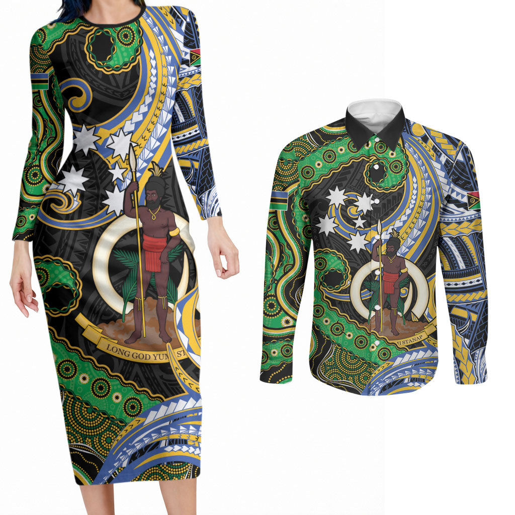South Sea Islanders And Vanuatu Couples Matching Long Sleeve Bodycon Dress and Long Sleeve Button Shirt Boar Tusk Warrior Southern Tribal Pattern DT05 Black - Polynesian Pride