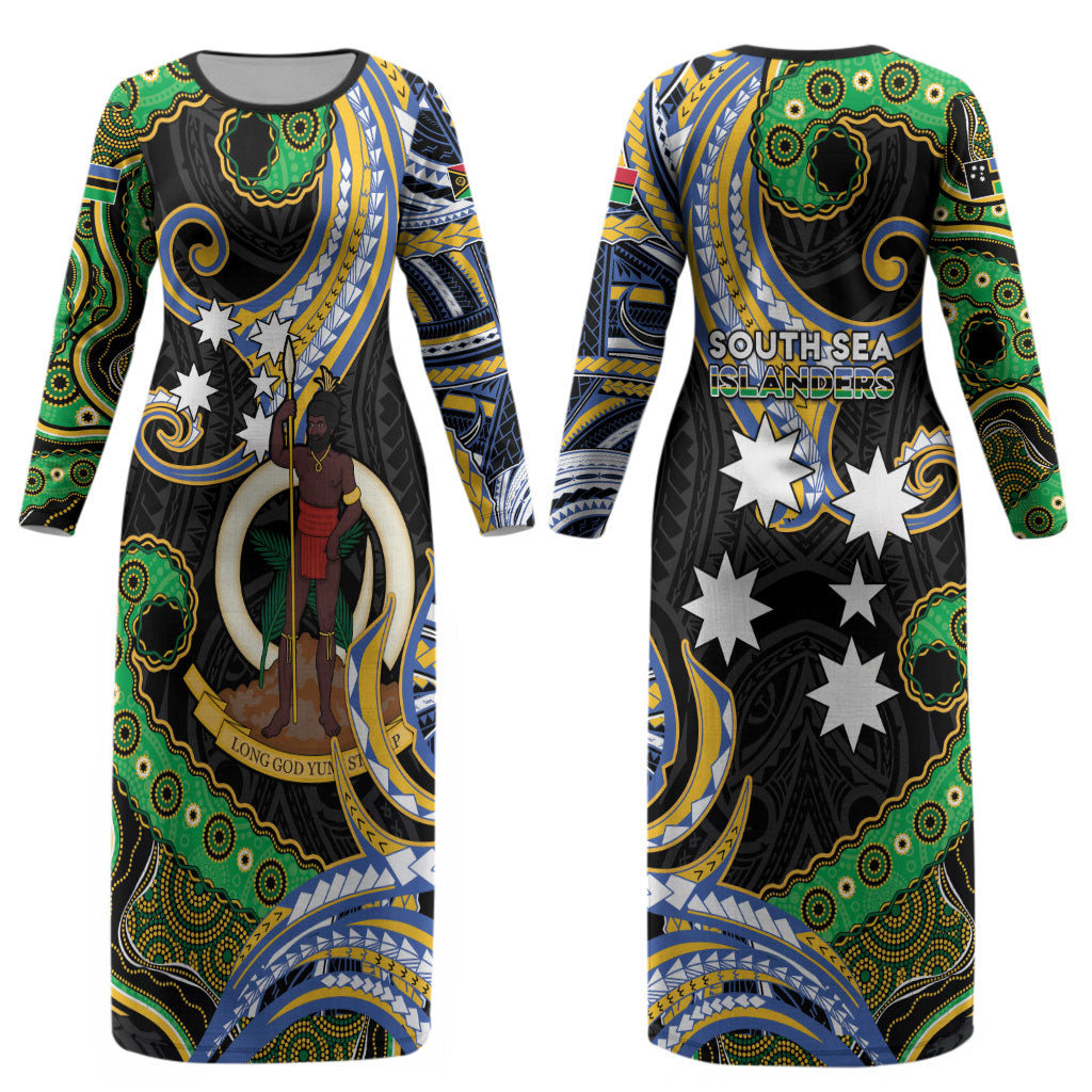 South Sea Islanders And Vanuatu Couples Matching Long Sleeve Bodycon Dress and Long Sleeve Button Shirt Boar Tusk Warrior Southern Tribal Pattern DT05 - Polynesian Pride