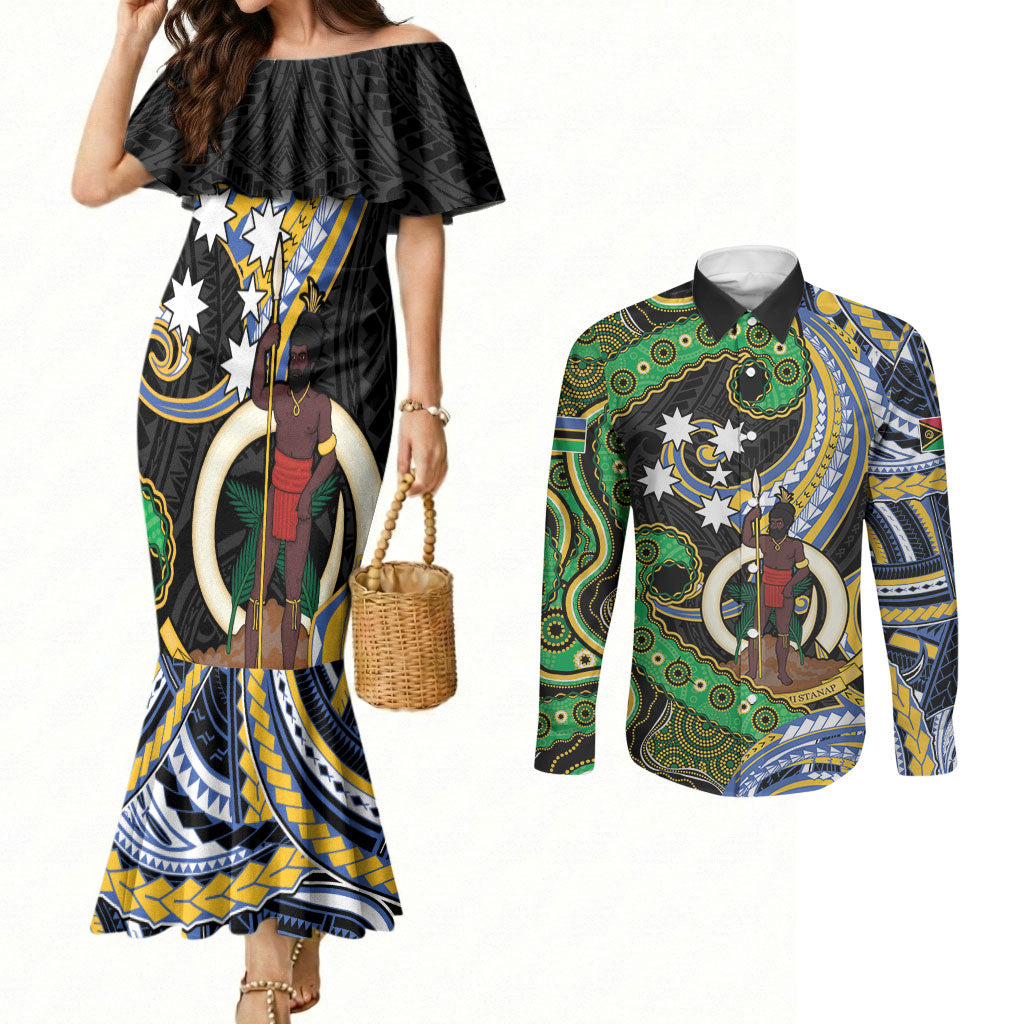 South Sea Islanders And Vanuatu Couples Matching Mermaid Dress and Long Sleeve Button Shirt Boar Tusk Warrior Southern Tribal Pattern DT05 Black - Polynesian Pride
