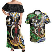 South Sea Islanders And Vanuatu Couples Matching Off Shoulder Maxi Dress and Hawaiian Shirt Boar Tusk Warrior Southern Tribal Pattern DT05 Black - Polynesian Pride