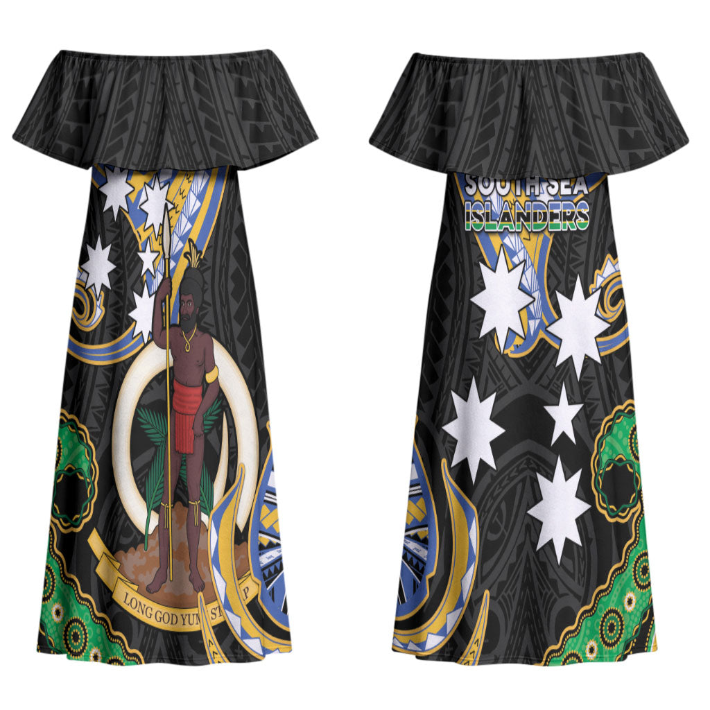 South Sea Islanders And Vanuatu Couples Matching Off Shoulder Maxi Dress and Hawaiian Shirt Boar Tusk Warrior Southern Tribal Pattern DT05 - Polynesian Pride