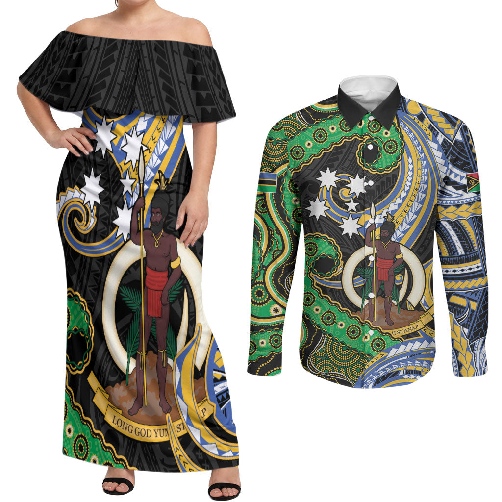 South Sea Islanders And Vanuatu Couples Matching Off Shoulder Maxi Dress and Long Sleeve Button Shirt Boar Tusk Warrior Southern Tribal Pattern DT05 Black - Polynesian Pride