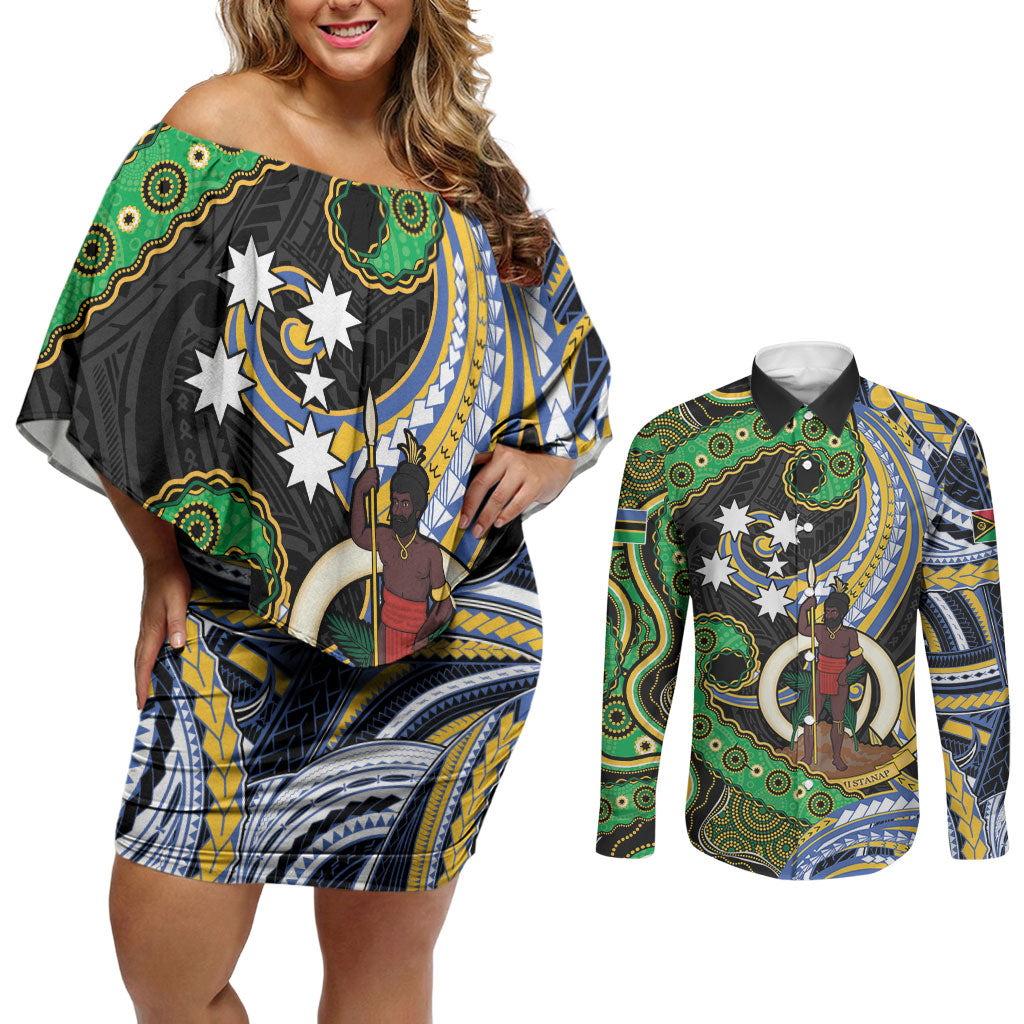 South Sea Islanders And Vanuatu Couples Matching Off Shoulder Short Dress and Long Sleeve Button Shirt Boar Tusk Warrior Southern Tribal Pattern DT05 Black - Polynesian Pride