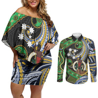 South Sea Islanders And Vanuatu Couples Matching Off Shoulder Short Dress and Long Sleeve Button Shirt Boar Tusk Warrior Southern Tribal Pattern DT05 Black - Polynesian Pride