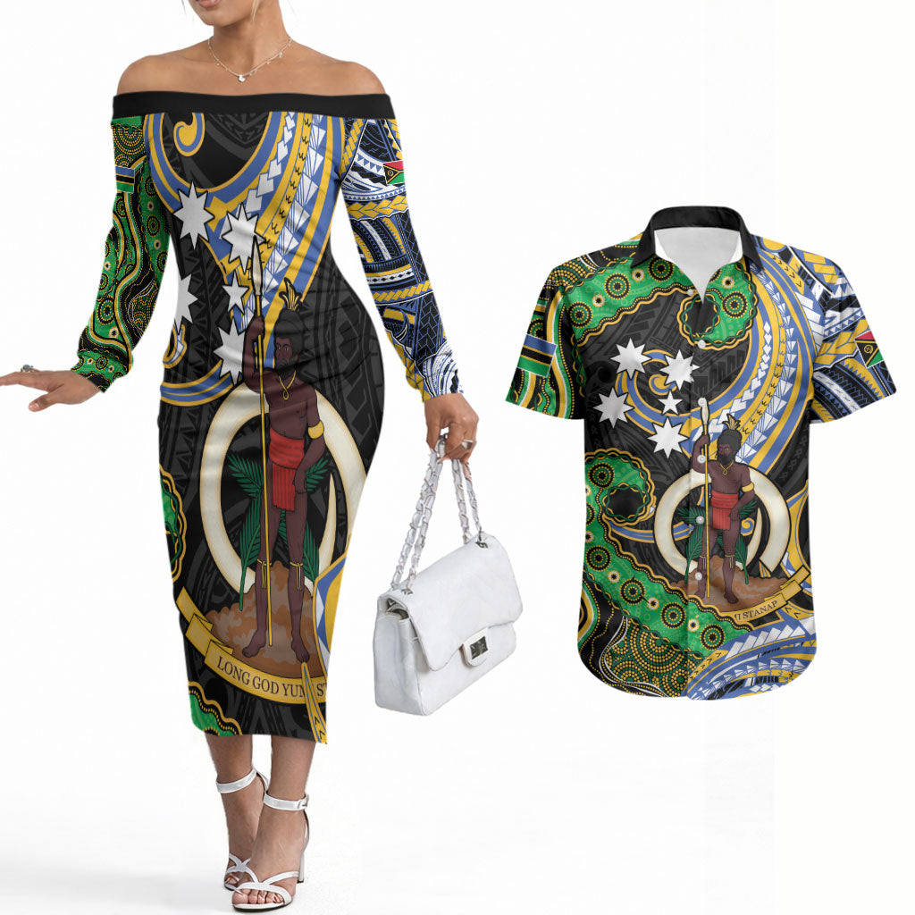 South Sea Islanders And Vanuatu Couples Matching Off The Shoulder Long Sleeve Dress and Hawaiian Shirt Boar Tusk Warrior Southern Tribal Pattern DT05 Black - Polynesian Pride