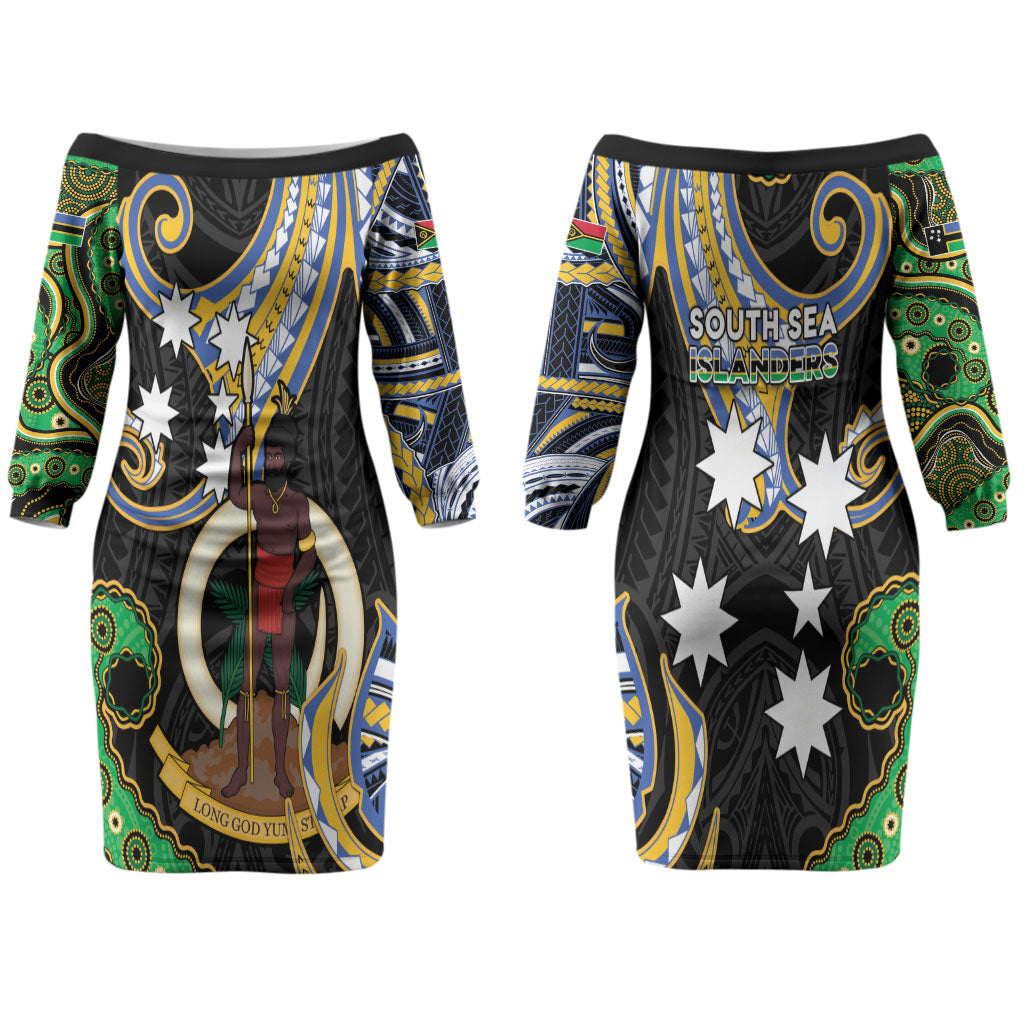 South Sea Islanders And Vanuatu Couples Matching Off The Shoulder Long Sleeve Dress and Hawaiian Shirt Boar Tusk Warrior Southern Tribal Pattern DT05 - Polynesian Pride
