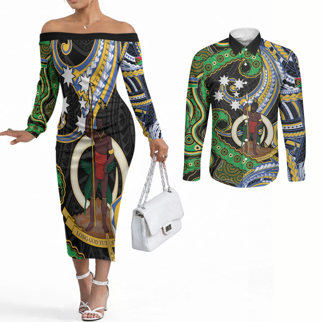 South Sea Islanders And Vanuatu Couples Matching Off The Shoulder Long Sleeve Dress and Long Sleeve Button Shirt Boar Tusk Warrior Southern Tribal Pattern DT05 Black - Polynesian Pride