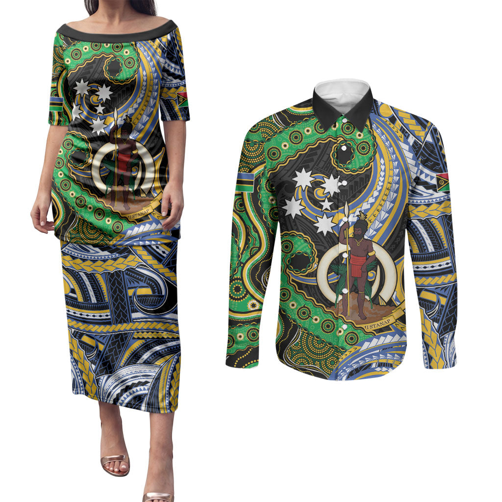 South Sea Islanders And Vanuatu Couples Matching Puletasi and Long Sleeve Button Shirt Boar Tusk Warrior Southern Tribal Pattern DT05 Black - Polynesian Pride