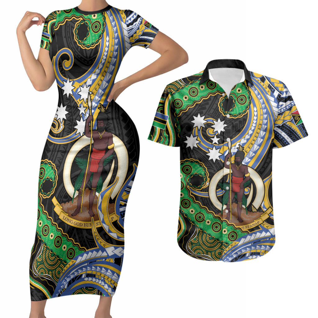 South Sea Islanders And Vanuatu Couples Matching Short Sleeve Bodycon Dress and Hawaiian Shirt Boar Tusk Warrior Southern Tribal Pattern DT05 Black - Polynesian Pride