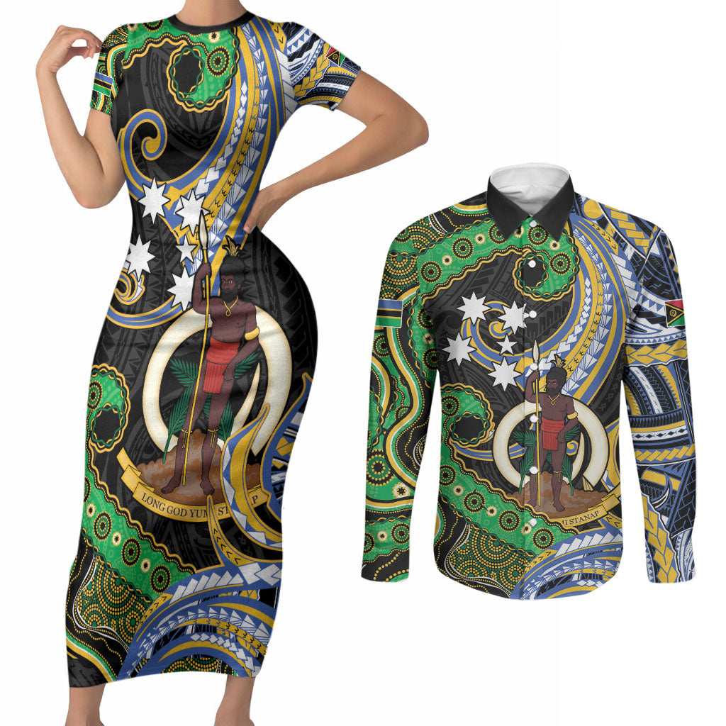 South Sea Islanders And Vanuatu Couples Matching Short Sleeve Bodycon Dress and Long Sleeve Button Shirt Boar Tusk Warrior Southern Tribal Pattern DT05 Black - Polynesian Pride