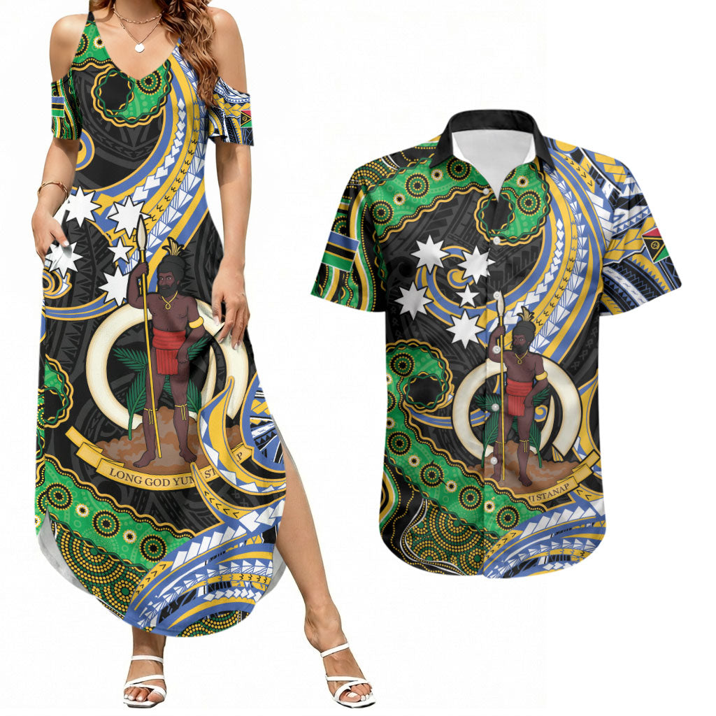 South Sea Islanders And Vanuatu Couples Matching Summer Maxi Dress and Hawaiian Shirt Boar Tusk Warrior Southern Tribal Pattern DT05 Black - Polynesian Pride