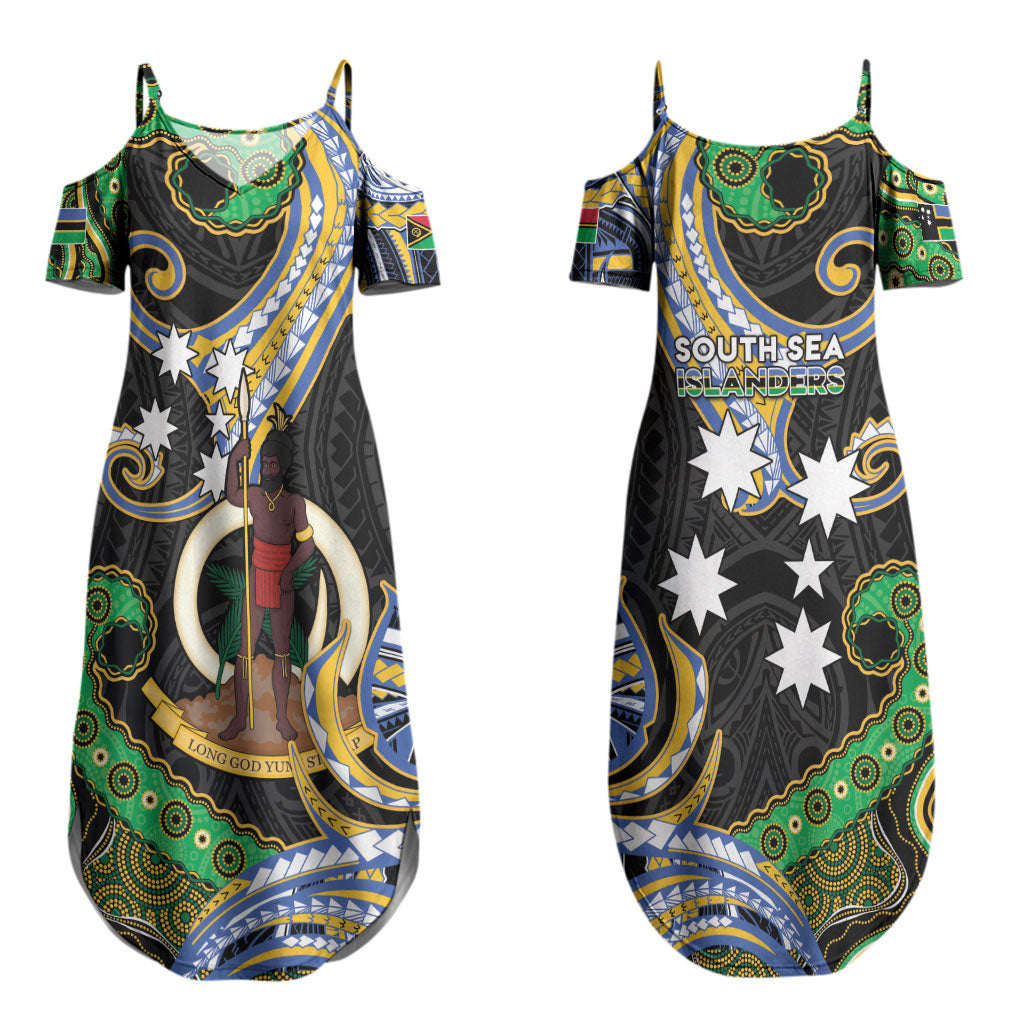 South Sea Islanders And Vanuatu Couples Matching Summer Maxi Dress and Long Sleeve Button Shirt Boar Tusk Warrior Southern Tribal Pattern DT05 - Polynesian Pride