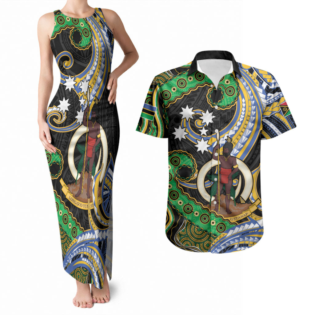 South Sea Islanders And Vanuatu Couples Matching Tank Maxi Dress and Hawaiian Shirt Boar Tusk Warrior Southern Tribal Pattern DT05 Black - Polynesian Pride