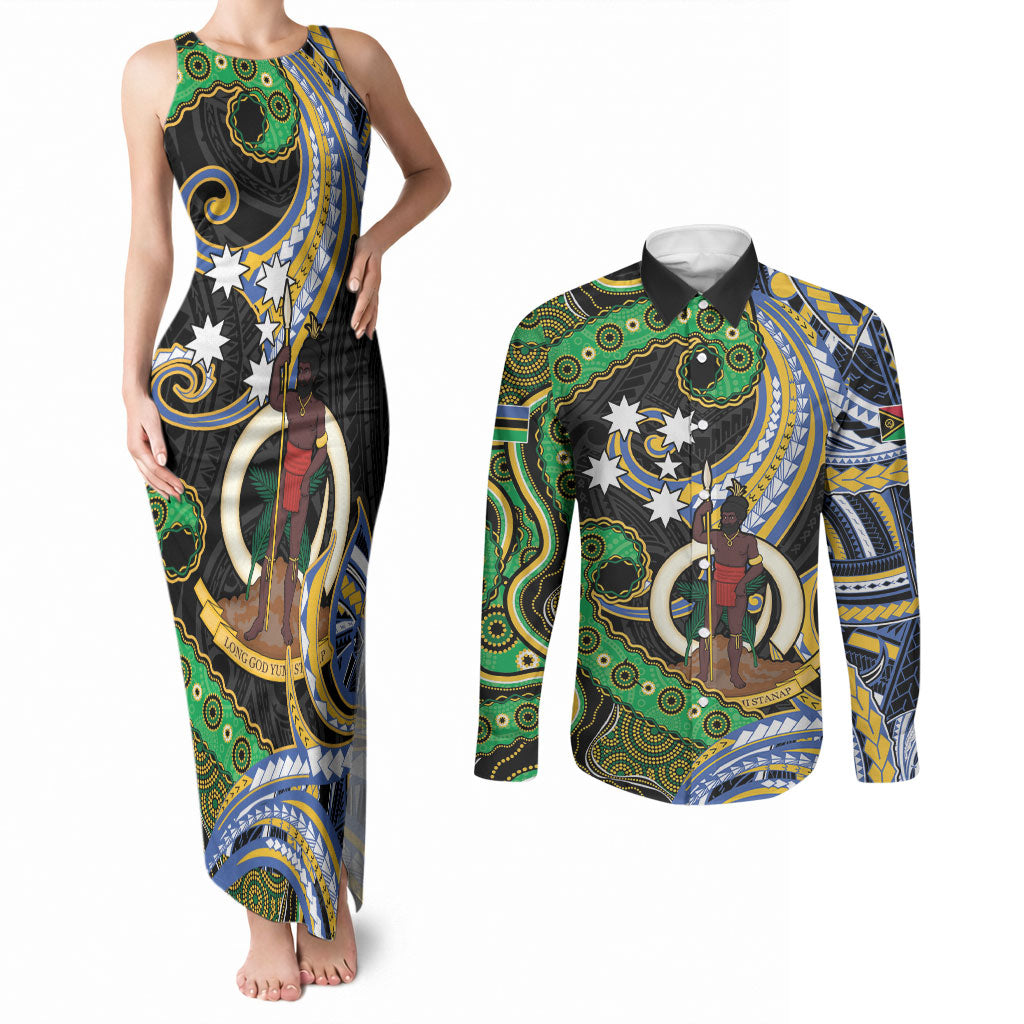 South Sea Islanders And Vanuatu Couples Matching Tank Maxi Dress and Long Sleeve Button Shirt Boar Tusk Warrior Southern Tribal Pattern DT05 Black - Polynesian Pride
