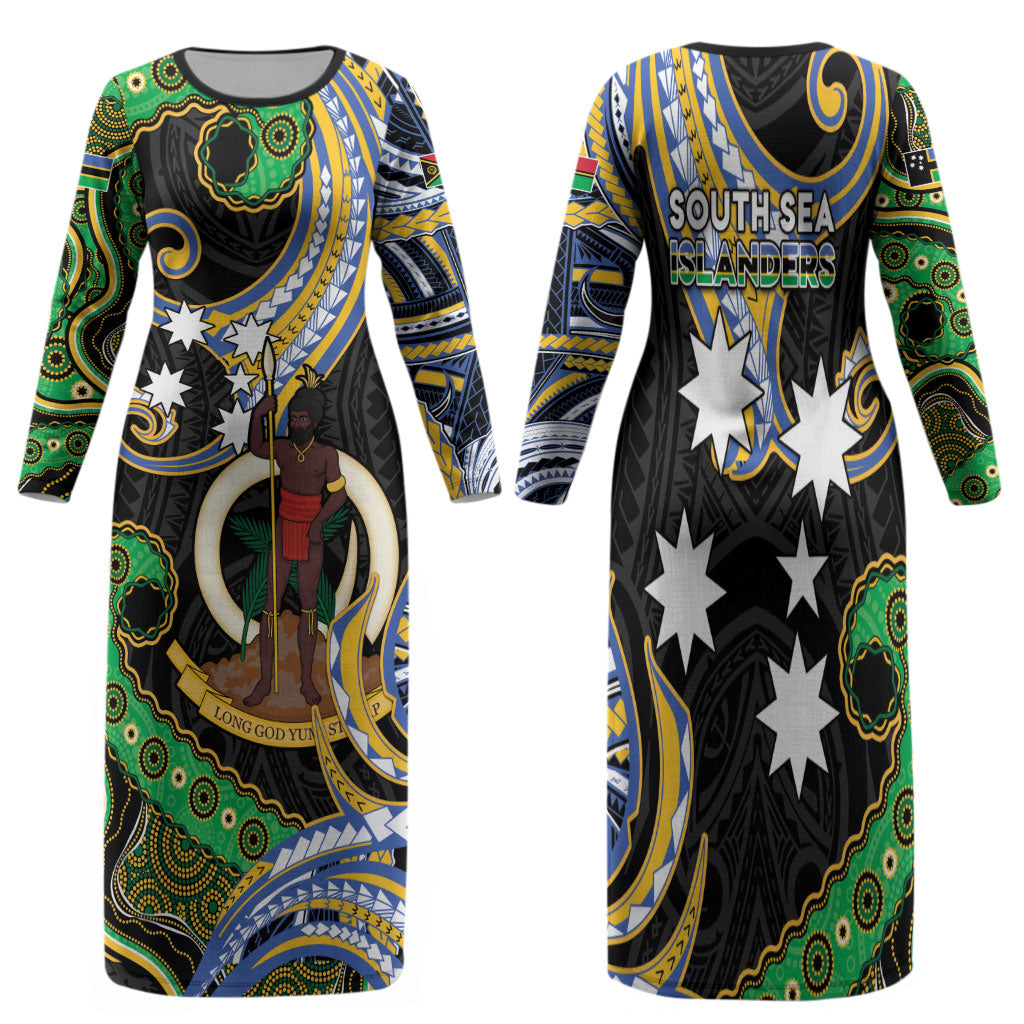 South Sea Islanders And Vanuatu Family Matching Long Sleeve Bodycon Dress and Hawaiian Shirt Boar Tusk Warrior Southern Tribal Pattern DT05 Mom's Dress Black - Polynesian Pride