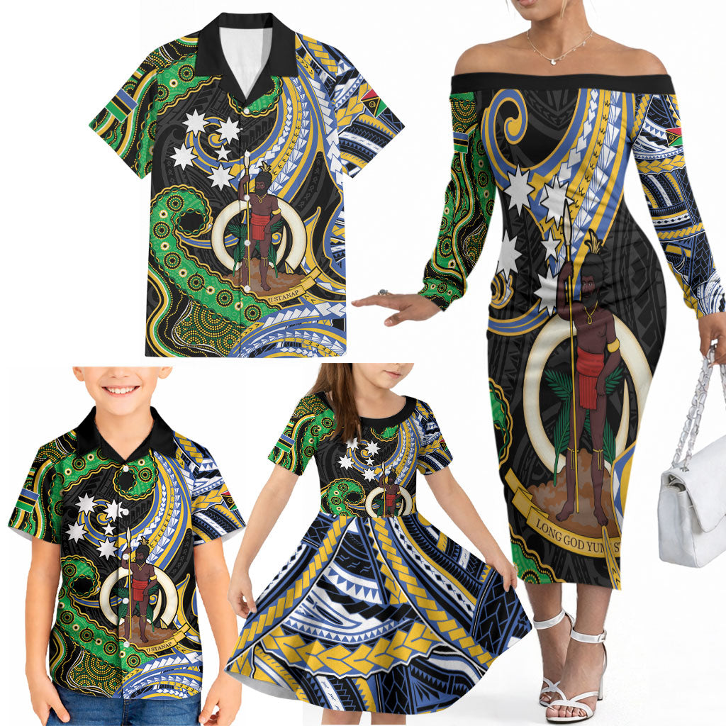 South Sea Islanders And Vanuatu Family Matching Off The Shoulder Long Sleeve Dress and Hawaiian Shirt Boar Tusk Warrior Southern Tribal Pattern DT05 - Polynesian Pride