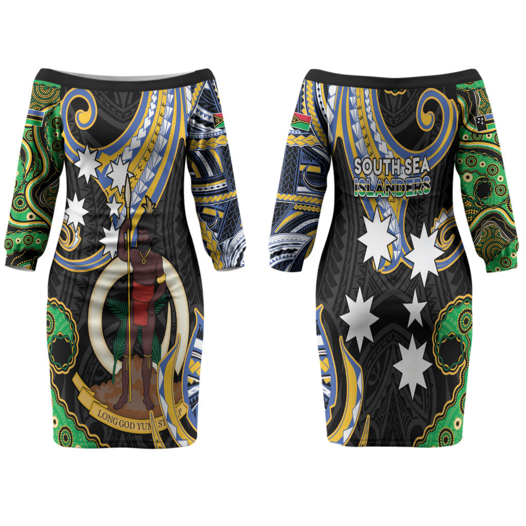 South Sea Islanders And Vanuatu Family Matching Off The Shoulder Long Sleeve Dress and Hawaiian Shirt Boar Tusk Warrior Southern Tribal Pattern DT05 Mom's Dress Black - Polynesian Pride