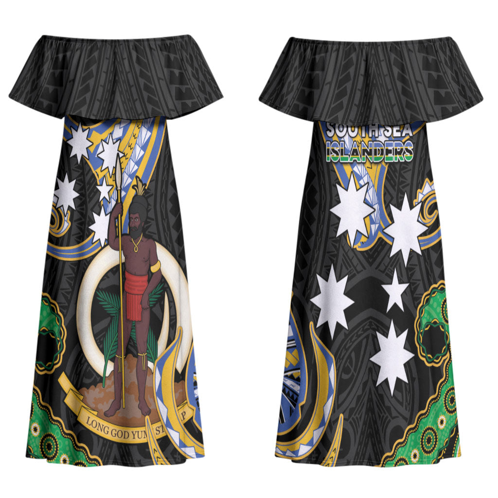 South Sea Islanders And Vanuatu Family Matching Off Shoulder Maxi Dress and Hawaiian Shirt Boar Tusk Warrior Southern Tribal Pattern DT05 Mom's Dress Black - Polynesian Pride