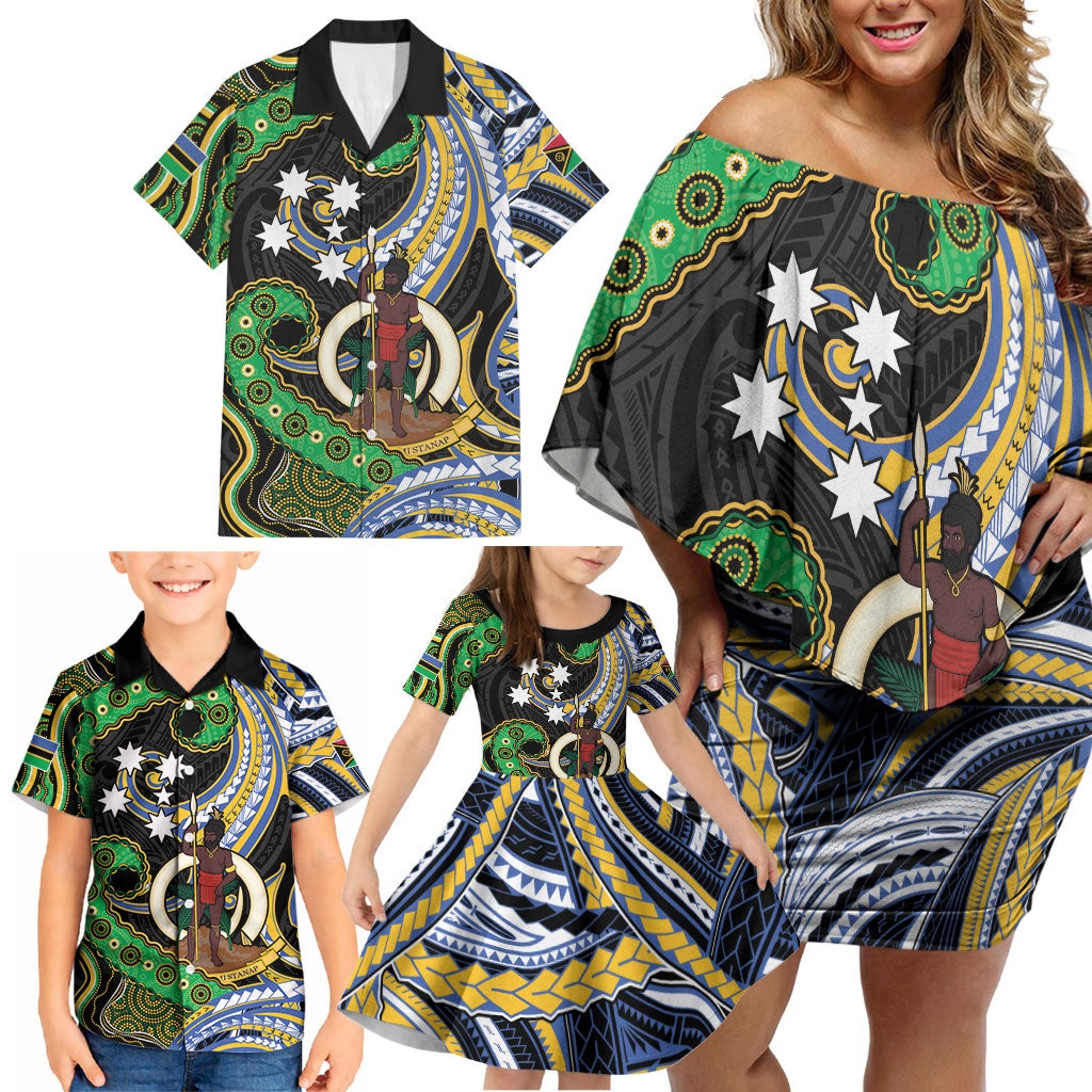 South Sea Islanders And Vanuatu Family Matching Off Shoulder Short Dress and Hawaiian Shirt Boar Tusk Warrior Southern Tribal Pattern DT05 - Polynesian Pride