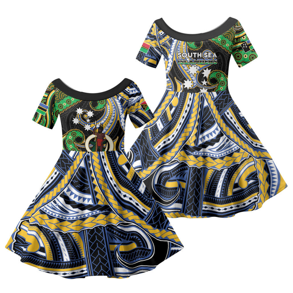 South Sea Islanders And Vanuatu Family Matching Puletasi and Hawaiian Shirt Boar Tusk Warrior Southern Tribal Pattern DT05 Daughter's Dress Black - Polynesian Pride