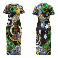 South Sea Islanders And Vanuatu Family Matching Short Sleeve Bodycon Dress and Hawaiian Shirt Boar Tusk Warrior Southern Tribal Pattern DT05 Mom's Dress Black - Polynesian Pride